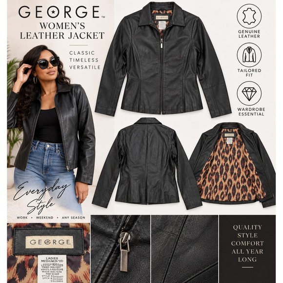 Medium Jackets & Blazers - TITLEGeorge Women's M Black Genuine Leather Jacket Zip Front Y2K Fitted 8/10